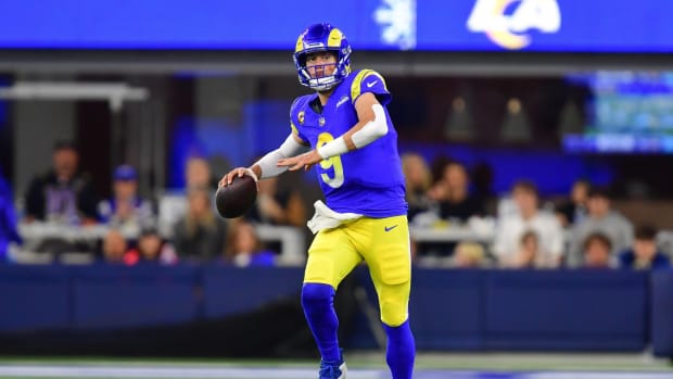 Dec 21, 2023; Inglewood, California, USA; Los Angeles Rams quarterback Matthew Stafford (9) throws against the New Orleans Saints during the first half at SoFi Stadium.